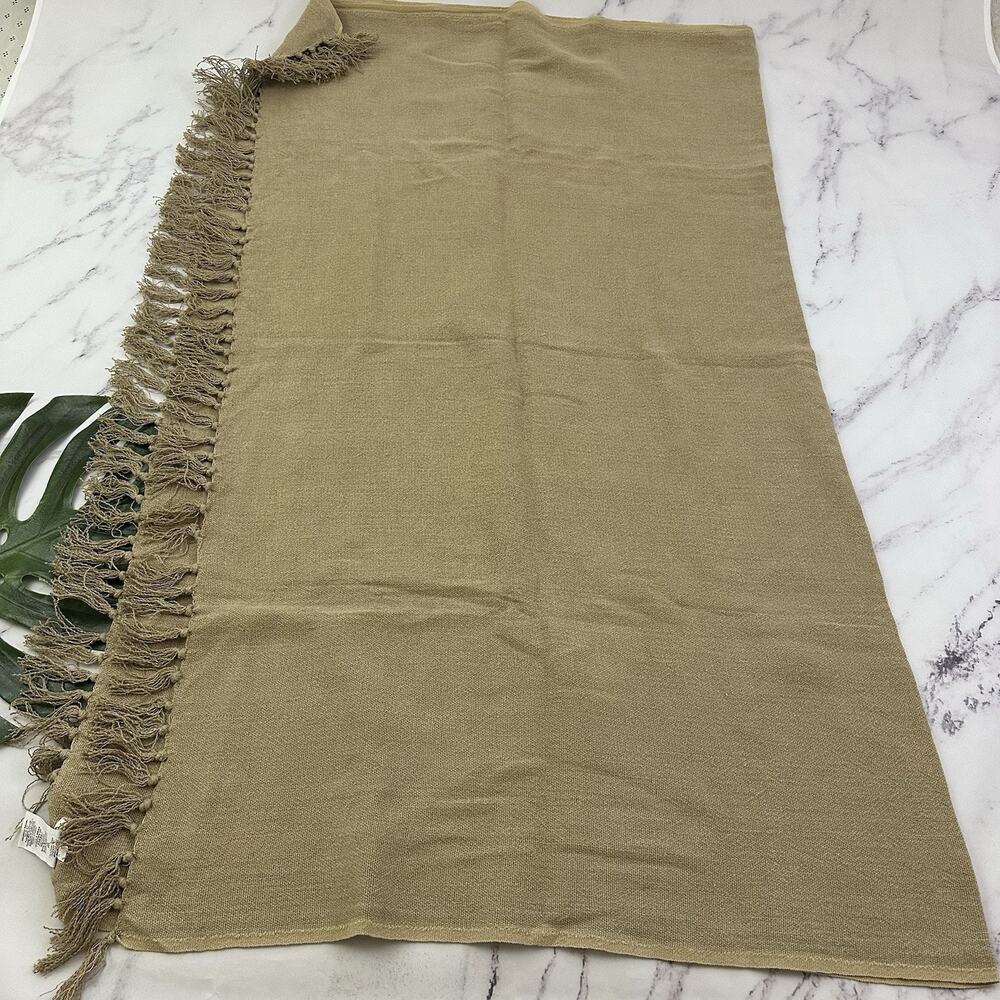 Pottery Barn Linen Cotton Blend Throw Blanket Tan Brown Fringe Woven 50x60 in - Picture 3 of 5